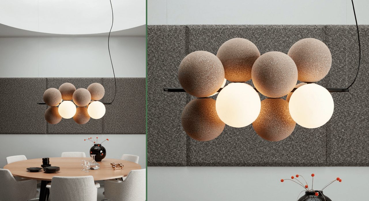 Unika Vaev Holly acoustic lighting above a dining table